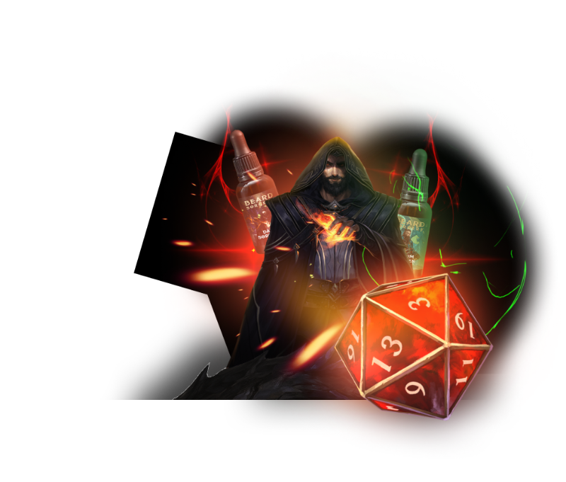 Beard Sorcery wizard holding a glowing potion beside a D20